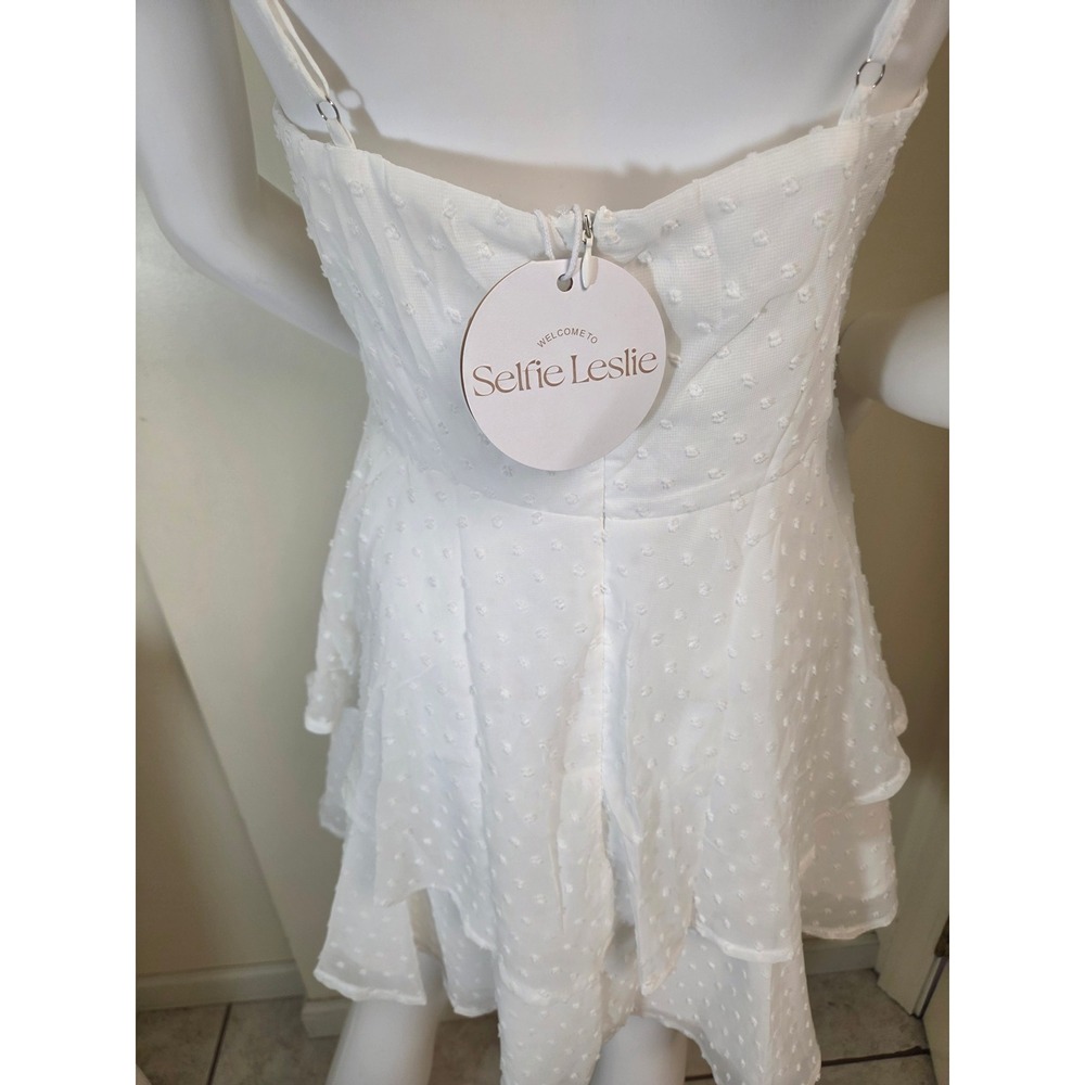 Selfie Leslie White Swiss Dot Corset Mini Dress Ruffle Tiered Skirt Size M - Picture 11 of 12